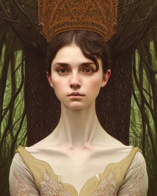 Image similar to symmetry portrait of welsh brunette student in mans tunic, embroidery, tomboy, short hair, intricate forest background, intricate, elegant, highly detailed, digital painting, artstation, concept art, smooth, sharp focus, illustration, art by artgerm and greg rutkowski and fra angelico and alphons mucha