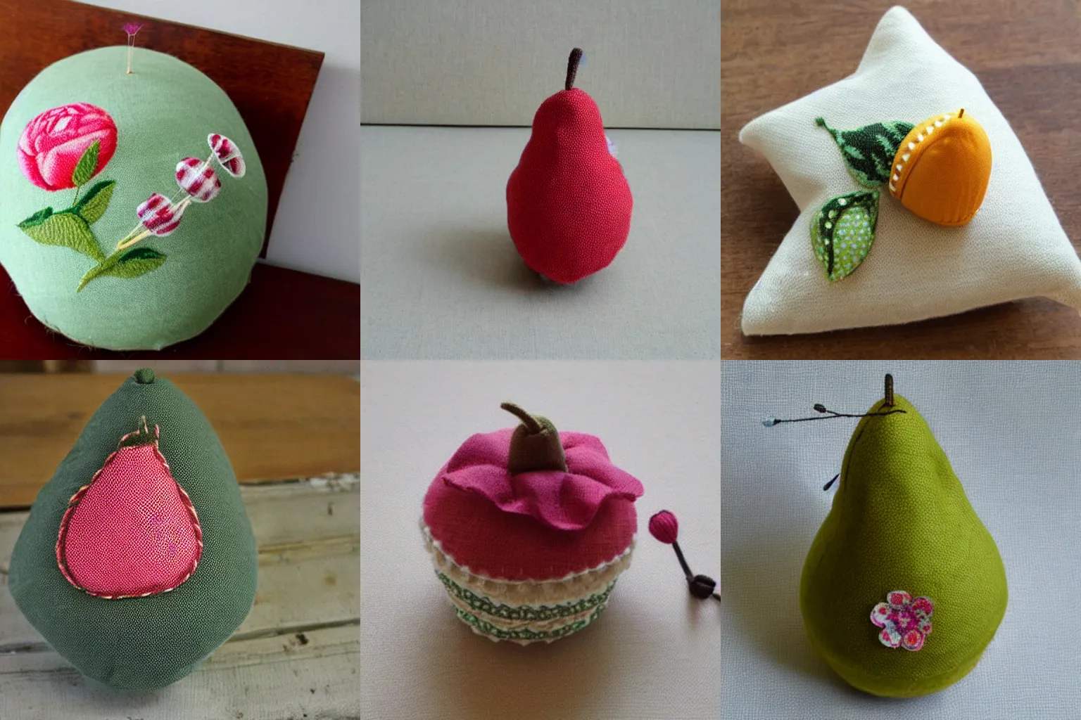 Prompt: a fabric floral pincushion in the shape of a pear