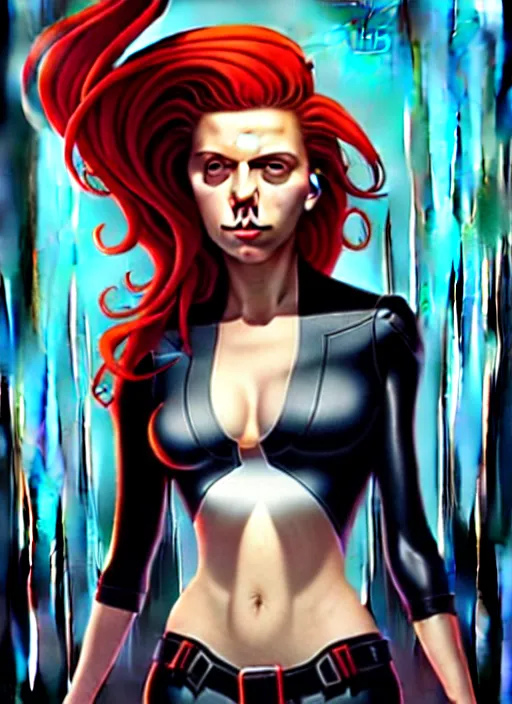 Image similar to peter mohrbacher, phil noto, artgerm, pretty scarlett johansson black widow, symmetrical eyes, long red hair, full body, city rooftop