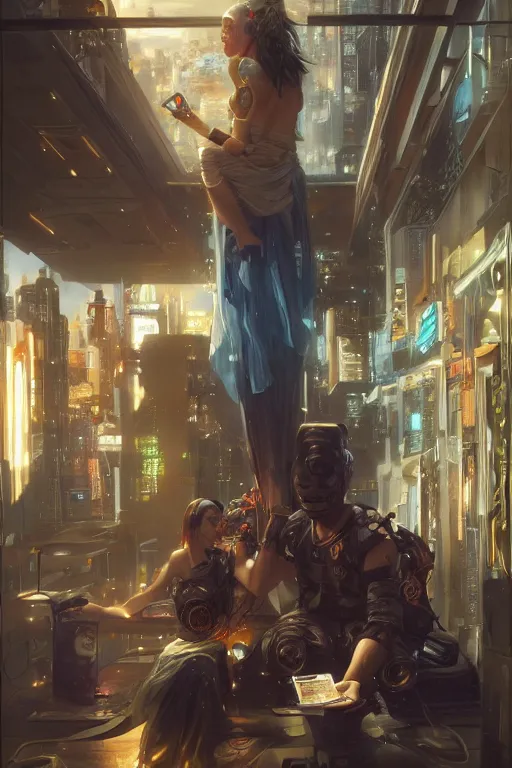 Prompt: cyberpunk samsung store, detailed, 8 k, trending on artstation, smooth, sharp focus artwork by mark arian, artgerm, mark keathley, greg rutkowski and alphonse mucha