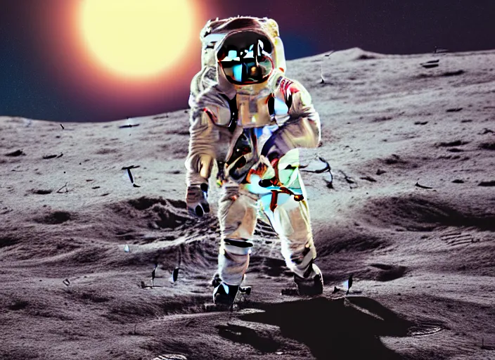 Prompt: digital art, trending on artstation, a man in an astronaut suit sitting on the moon while planet earth is exploding in the background, lunar landscape, moody