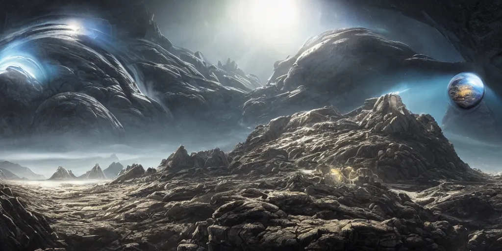 Image similar to alien environment with epic mountains and cliffs and planets in the sky by hans ruedi giger, epic lighting, cinematographic, 8 k, award winning, ultra detailed