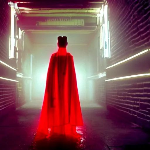 Image similar to cinematic portrait of a runaway bride of frankenstein replicant with bright make up and a red translucent plastic raincoat in an empty room, still from the movie bladerunner, fashion photography, a neon sign is in the background