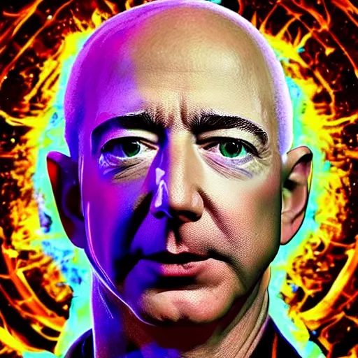 Image similar to Jeff Bezos as a terrifying cosmic horror with a thousand tentacles coming from his eyes and cracks in his head with a cosmic background. Epic digital art