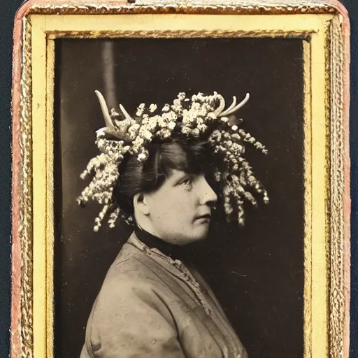 Prompt: portrait of a 19th century woman with antlers on her head, 1900s photography