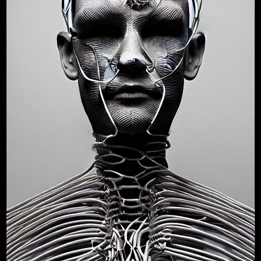 Prompt: surreal portrait of a man made of wires very very highly detailed intricate trending on artstation