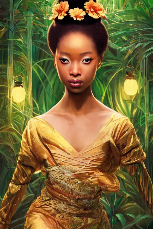 Image similar to stunningly beautiful, nubian geisha prima ballerina in jungle, symmetrical face, golden hour, smooth, focus, highly detailed, hyper realistic, dramatic lighting, elegant, intricate, concept art, art by wlop, mars ravelo, greg rutowski, artstation