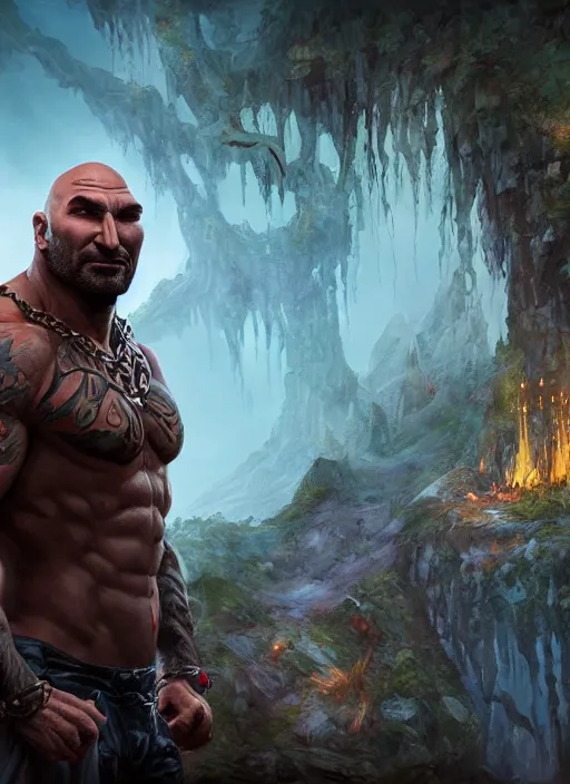 Image similar to A fantasy comic book style portrait painting of Dave Bautista as a druid in a stunning fantasy fortress, unreal 5, DAZ, hyperrealistic, octane render, RPG portrait, dynamic lighting