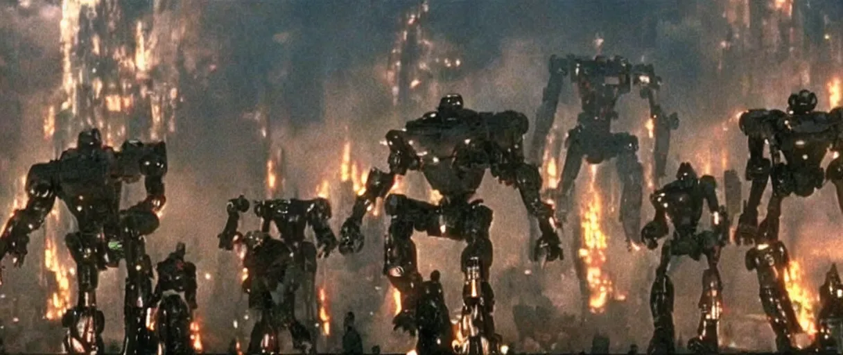 Image similar to sentinel robots from the matrix movie attacking Zion