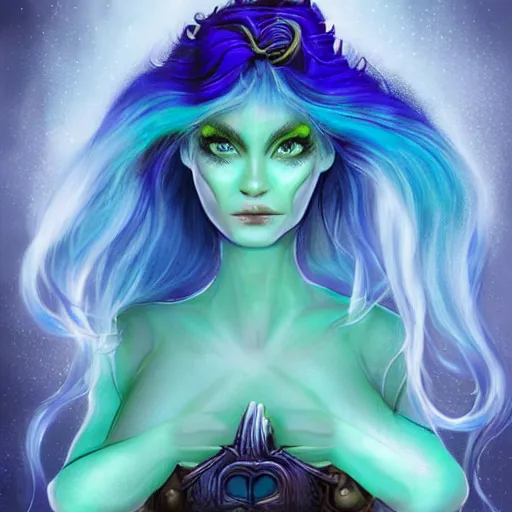 Image similar to Elf girl with blue skin, alien skin, blue elf, blue, blue-skinned elf, green hair, glam hair, hairspray, big hair, wild hair, 80s hair, glam make-up, 80s, illustration, fantasy art, trending on ArtStation, 1980s fantasy art