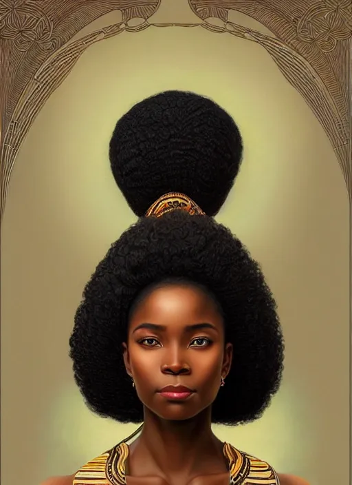 Image similar to beautiful igbo feminine face! portrait of young woman blessed by god with ever - increasing physical and mental perfection, black afro hair, symmetrical! intricate, elegant, highly detailed, vision of holy perfection!! smile, digital painting, artstation, concept art, smooth, sharp focus, illustration, art by artgerm and greg rutkowski and alphonse mucha