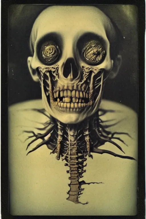 Prompt: an 1 9 1 0 polaroid photography of a very sad and detailed rotten woman corpse with fractal ornate growing around her face muscles, veins, arteries, bones, anatomical, skull, eye, ears, full body, intricate, surreal, ray caesar, john constable, guy denning, dan hillier, black and white