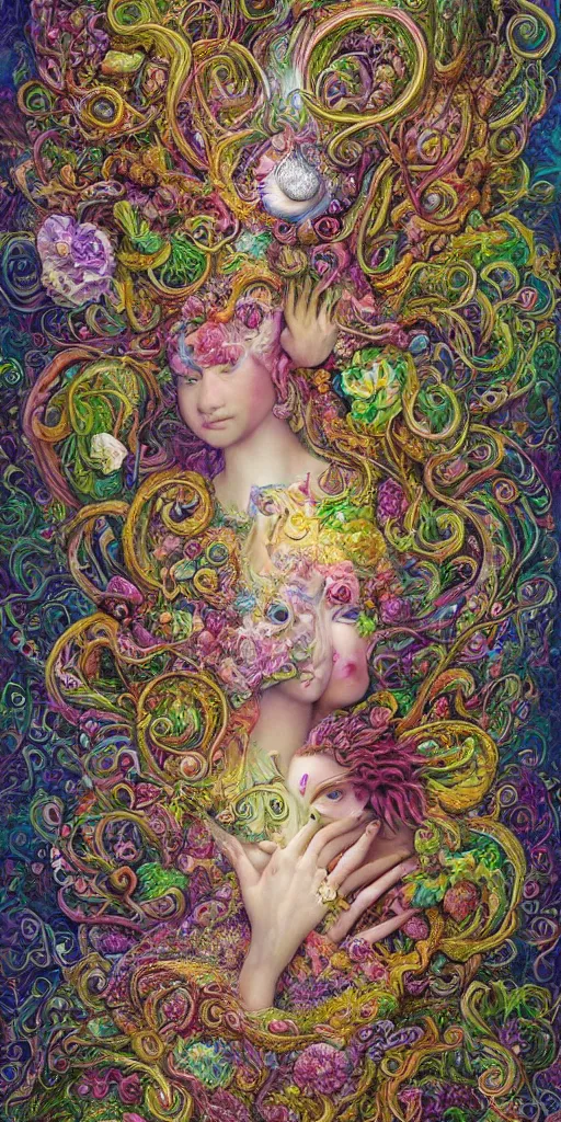 Prompt: a painting by by hanna yata, geenss archenti flores of the spirit of mother nature in fantasy, intricate, elegant psychedelia shapes by hanna yata, geenss archenti flores, ben ridgway, intricate, elegant, highly detailed, digital painting, artstation, concept art, ambient occlusion, vray render,