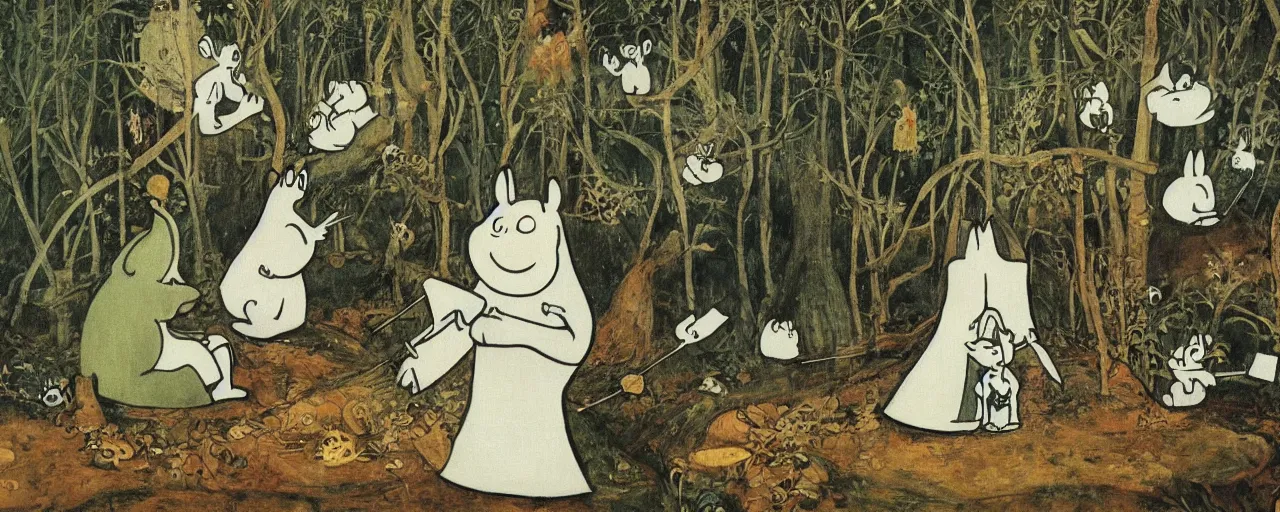 Prompt: the moomins, bosch painting, very detailed!, high quality