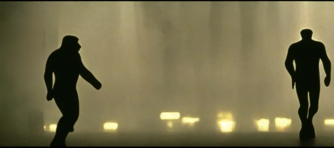 Prompt: an award winning photo of a lone bigfoot in a still from the movie blade runner ( 1 9 8 2 ), 4 k, high quality