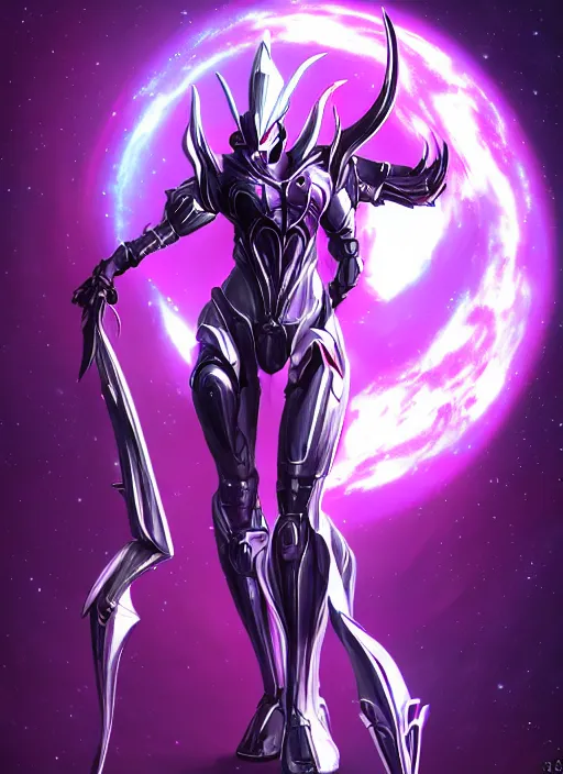 Image similar to cinematic close body, cosmic sized beautiful stunning giant robot mechan hot female dragon goddess, sharp sleek cyborg dragon head, sharp metal ears, smooth purple eyes, smooth fuschia skin, smooth silver armor, nebula, epic proportions, epic scale, macro furry, furry art, dragon art, goddess art, giantess art, warframe, warframe fanart, furaffinity, octane