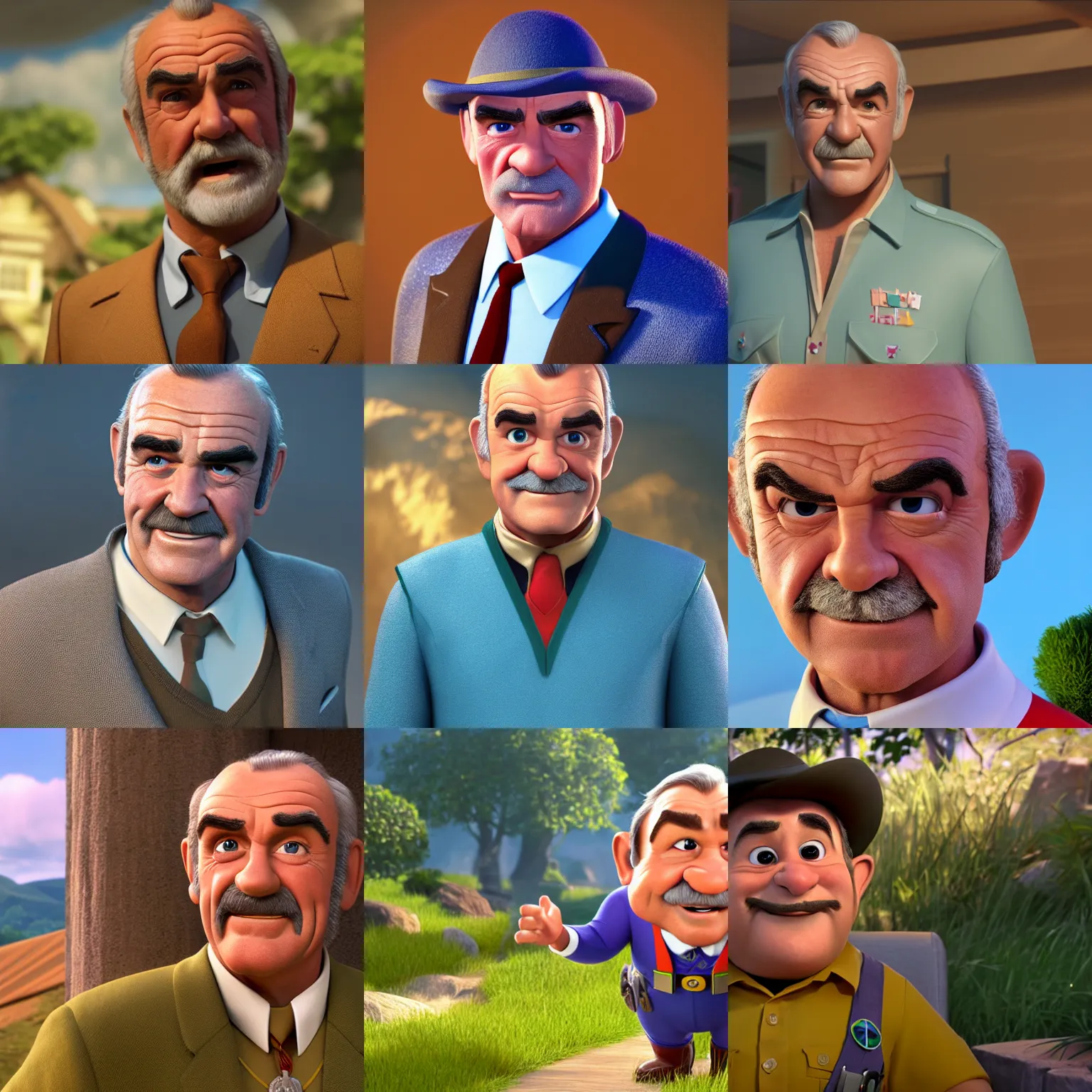 Prompt: sean connery as a pixar disney character from up ( 2 0 0 9 ), unreal engine, octane render, 3 d render, photorealistic