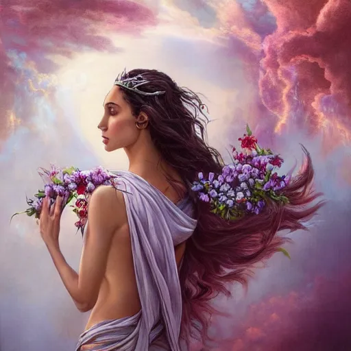 Image similar to fine art photo of the beauty goddess gal gadot, she has a crown of mesmerizing flowers, she is arriving heaven, by peter mohrbacher