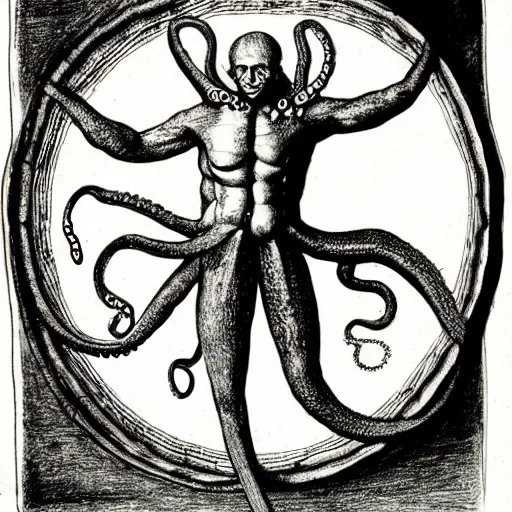 Image similar to drawing of octopus in style of Vitruvian Man by Leonardo da Vinci