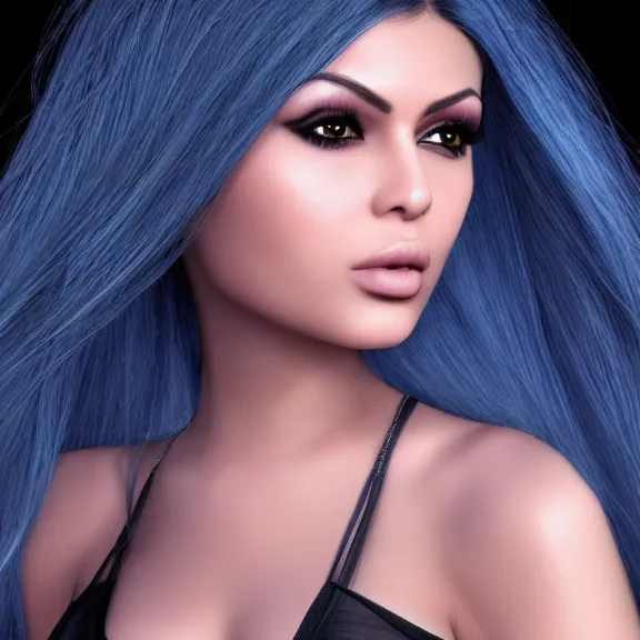 Image similar to portait of haifa wehbe, long hair centred, hd, very detailed curve, unreal engine, final fantasy style, blue soft background