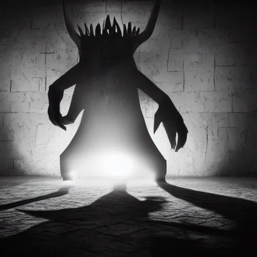 Image similar to vray render of the shadow of a monster with lots of tendrils, shadow and light, black and white, lens flare, dark monster, vray