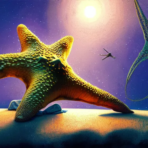 Prompt: patrick starfish meditates, hyperrealism, no blur, 4 k resolution, ultra detailed, style of ron cobb, adolf hiremy - hirschl, syd mead, ismail inceoglu, rene margitte