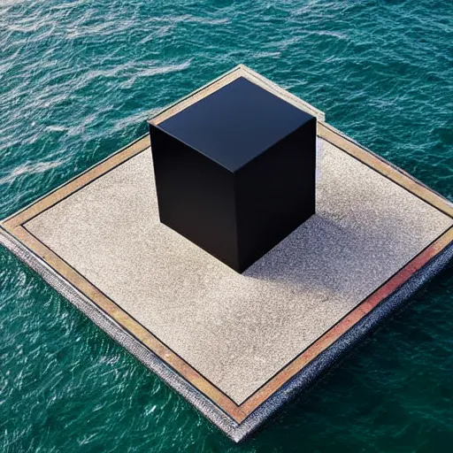 Image similar to A cube in the middle of the sea in the style of Richard Serra