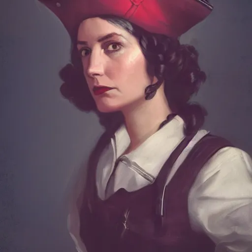 Image similar to intelligent female pirate captain 3 5 years old, 1 9 4 0 s haircut, fully clothed, wise, beautiful, 1 7 5 0 s oil painting, dramatic lighting, trending on artstation, sharp focus