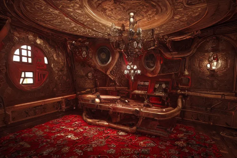 Prompt: red baroque steampunk spaceship interior, viewport, commander's deck made of bone, rendered in unreal engine 5, cryengine, arnold and zbrush, epic lighting. persian rug, pipes, luxury furniture