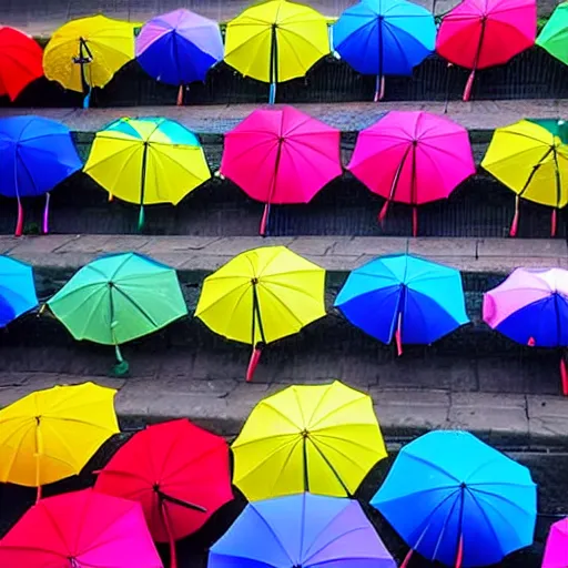 Prompt: a rainbow of umbrellas in an old city
