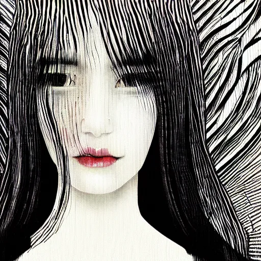 Prompt: yoshitaka amano realistic photo of a young woman with black eyes and long wavy white hair wearing dress suit with tie and surrounded by abstract junji ito style patterns in the background, blurry and dreamy illustration, david lynch, twin peaks, noisy film grain effect, highly detailed, weird portrait angle