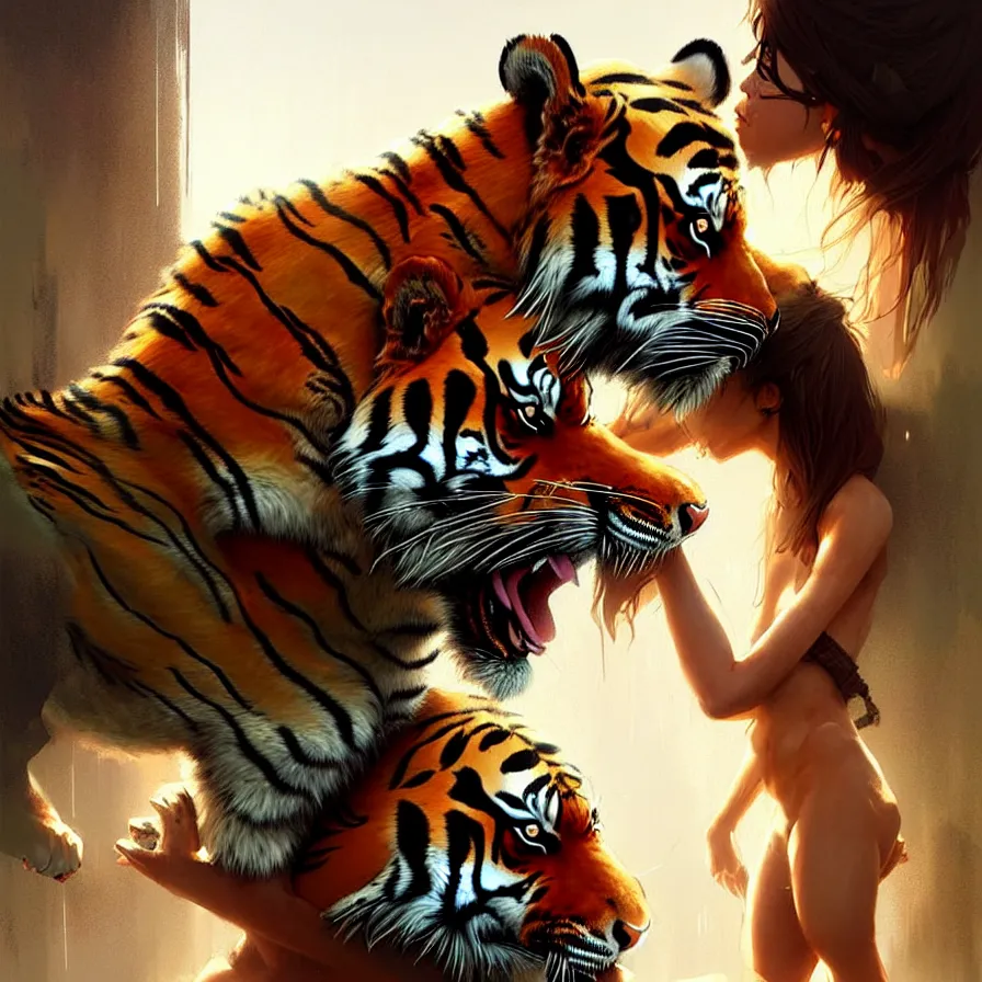 Image similar to the relationship between a girl and a tiger. they love each other, girl with beautiful soft woman body, detailed digital art by greg rutkowski.