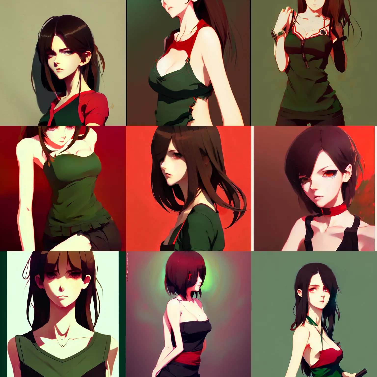 Prompt: pretty with brown hair and green eyes, wearing a low cut camisole, red and black color palette, in the style of and ilya kuvshinov and greg rutkowski, high quality anime artstyle, intricate