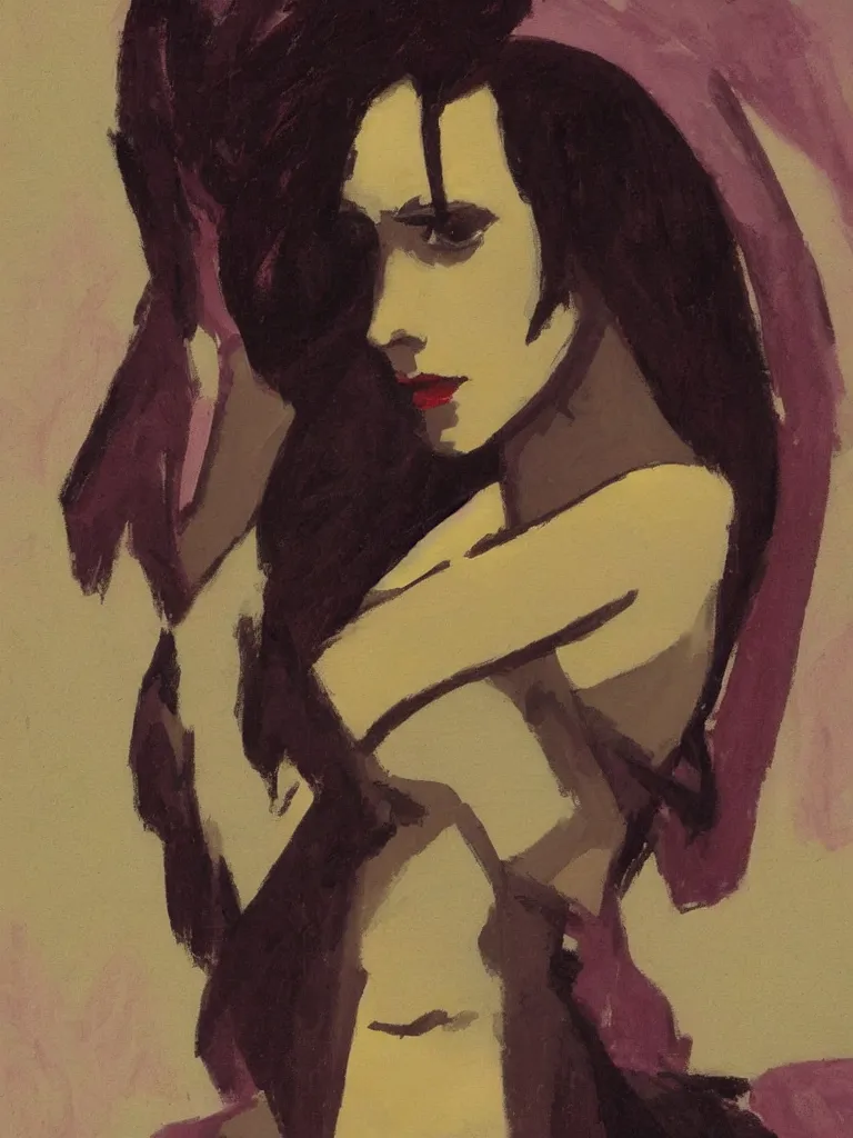 Image similar to portrait profile of one mysterious dark beautiful women in 1 9 7 8, oil painting by john watkiss