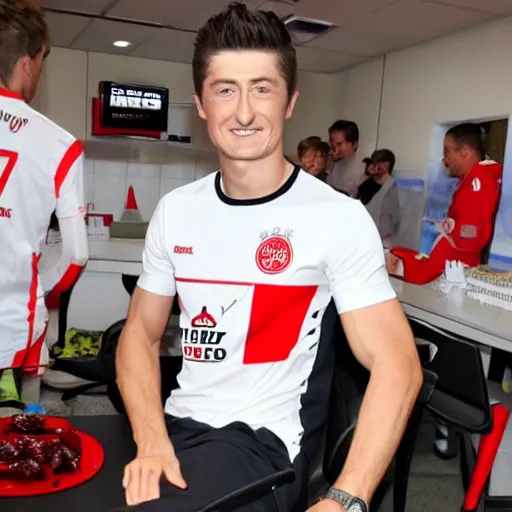 Prompt: robert lewandowski in a kfc t - shirt