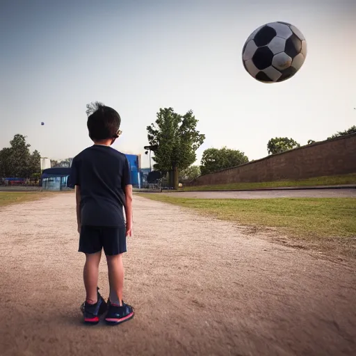 Prompt: a boy standing infront of the ball before running and scoring. professional photograph, dslr, dcim, 8 k, hd