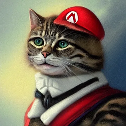 Image similar to Portrait of a Cat dressed as Super Mario, Mario hat, nintendo, highly detailed, digital painting, artstation, concept art, smooth, sharp focus, illustration, art by artgerm and greg rutkowski and alphonse mucha