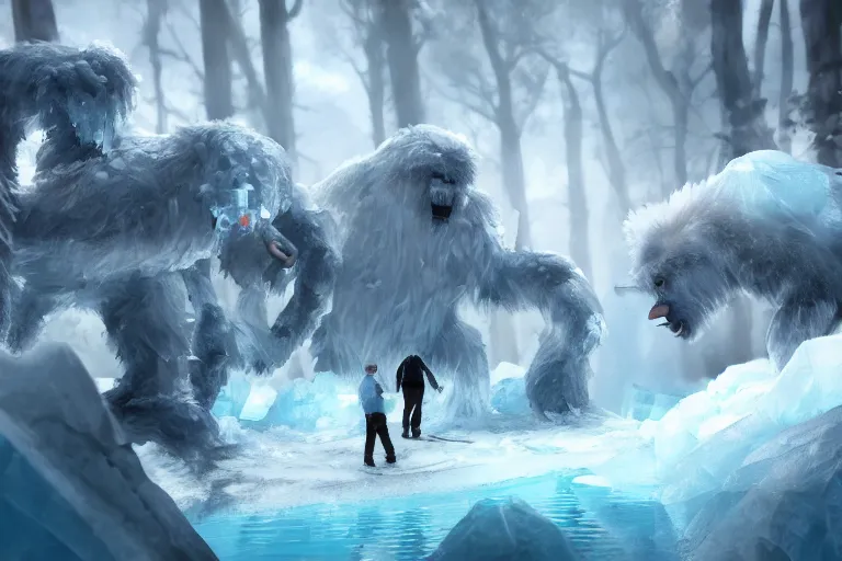 Prompt: a group of tourists discover a shy yeti behind blocks of ice, concept art, digital painting, trending on artstation, deviantart, highly detailed, perfect composition, dramatic lighting, sharp focus, 8 k uhd