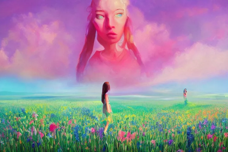 Image similar to giant gladiola head, girl walking in field of flowers, surreal photography, sunrise, blue sky, dramatic light, impressionist painting, digital painting, artstation, simon stalenhag