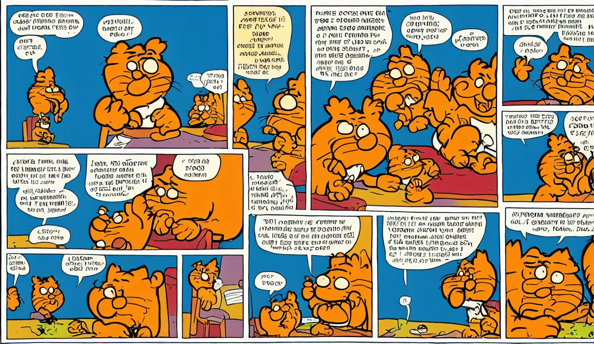 Prompt: garfield comic strip, 3 panels, illustrated by Jim Davis