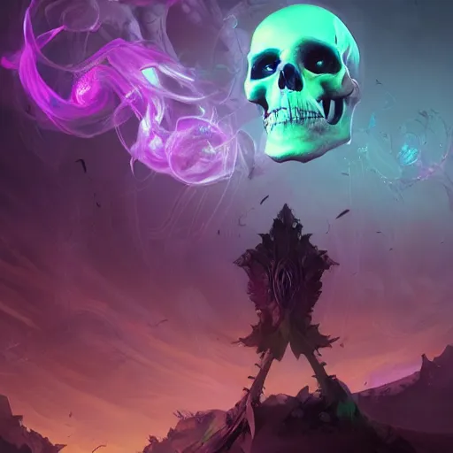 Prompt: floating skulls with violet smoke trails, two fangs, violet theme, epic fantasy digital art style, fantasy artwork, by Greg Rutkowski, fantasy hearthstone card art style