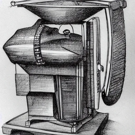 Image similar to various sketches of a futuristic coffee grinder in the style of leonardo da vinci, ultra detailed, scribbles, technical drawing, engineering blueprints