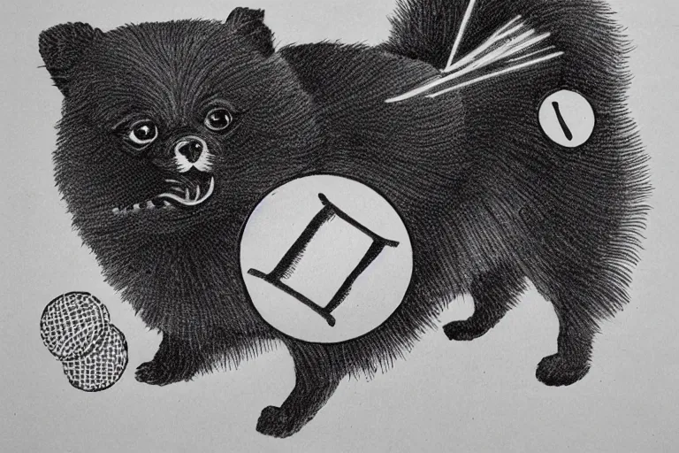 Image similar to pomeranian with a tennis ball in its mouth with math symbols flying in the air, black and white, botanical illustration, black ink on white paper, bold lines