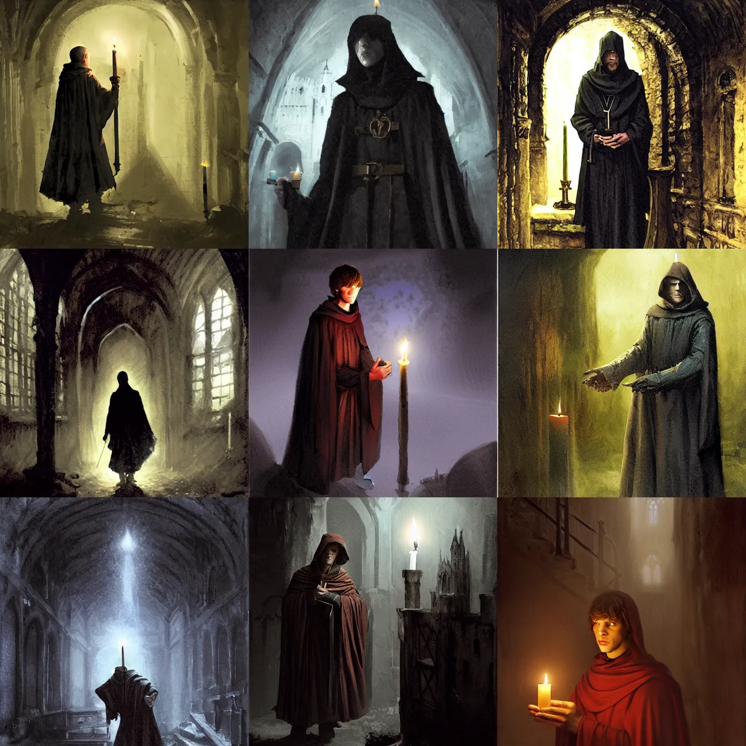 Prompt: jesse eisenberg as an enigmatic medieval christian ( ( monk ) ) in a dark underground city. dark shadows, colorful, candle light, law contrasts, ( ( chiaroscuro lighting ) ) ) fantasy concept art by jakub rozalski, jan matejko, and j. dickenson