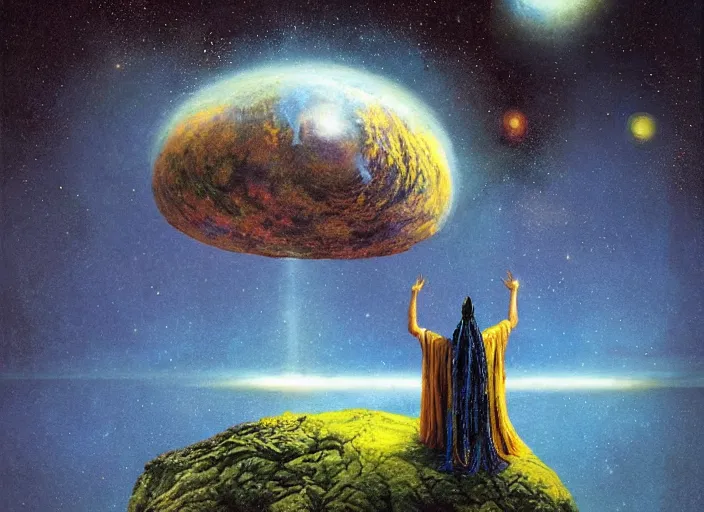 Prompt: A shaman holding up the universe, by Tim White, reflection, symbolist, soft colors, dramatic lighting, smooth, sharp focus, extremely detailed, aesthetically pleasing composition