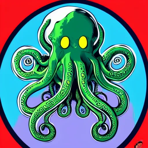 Image similar to hyper realistic award winning illustration by jamie mckelvie of in frame cute cthulhu moving it's tentacles against a blue background, digital art