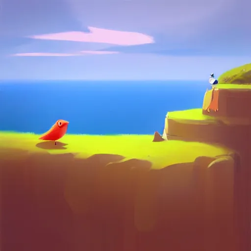 Prompt: goro fujita ilustration a cute little bird on the edge of a cliff overlooking the ocean, painting by goro fujita, sharp focus, highly detailed, artstation