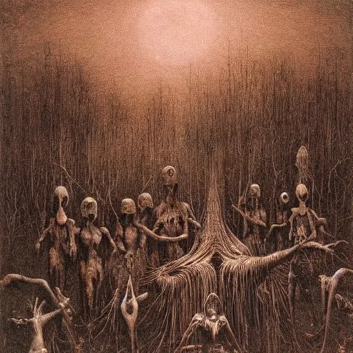 Image similar to occult members gather in a louisiana bayou swamp, highly detailed horror beksinski painting