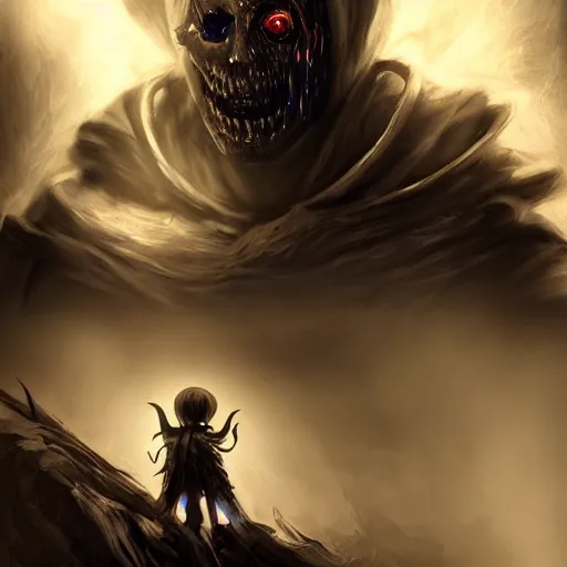 Prompt: photorealistic dark fantasy concept art of nightmare sans with his eye glowing, dynamic lighting, stunning visuals, ray tracing, beautiful scenery, cinematic, full body portrait, ultra detailed, hyper detail