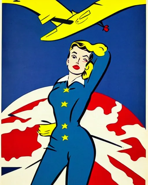 Image similar to a 1950's propaganda poster of a beautiful woman in a flight suit by Roy Lichtenstein